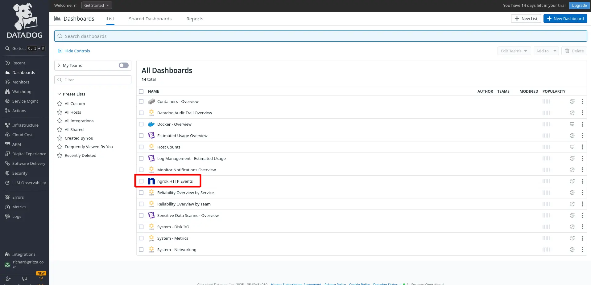 Datadog dashboard list